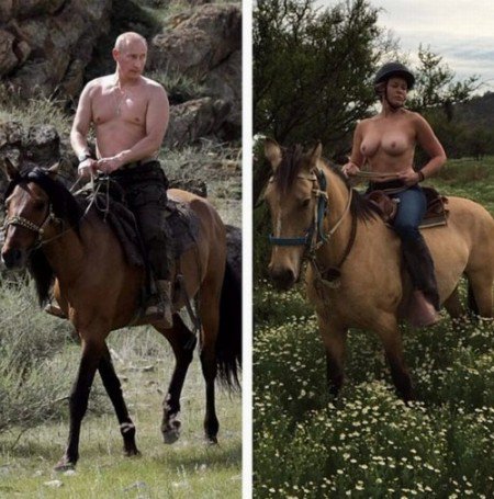 Chelsea Handler publicou uma foto em que imitava uma pose do presidente russo, Vladimir Putin