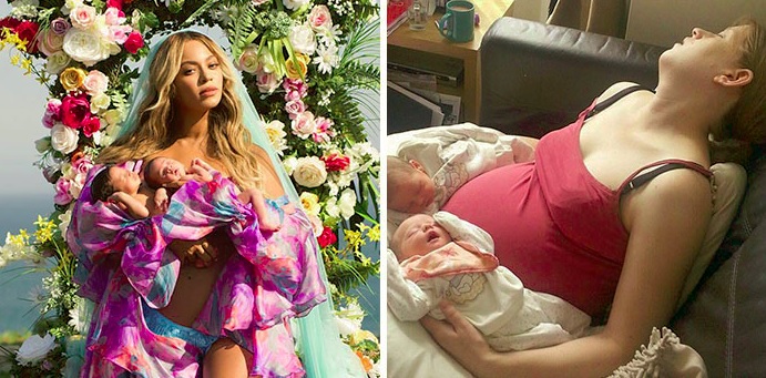  Recentemente, Beyoncé publicou uma foto incrível no Instagram para apresentar os gêmeos ao mundo. Só que na vida real, pais decidiram provar nas redes sociais que a maternidade não é tão glamourosa assim.