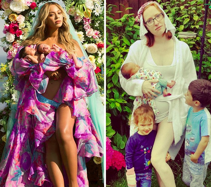  Recentemente, Beyoncé publicou uma foto incrível no Instagram para apresentar os gêmeos ao mundo. Só que na vida real, pais decidiram provar nas redes sociais que a maternidade não é tão glamourosa assim.