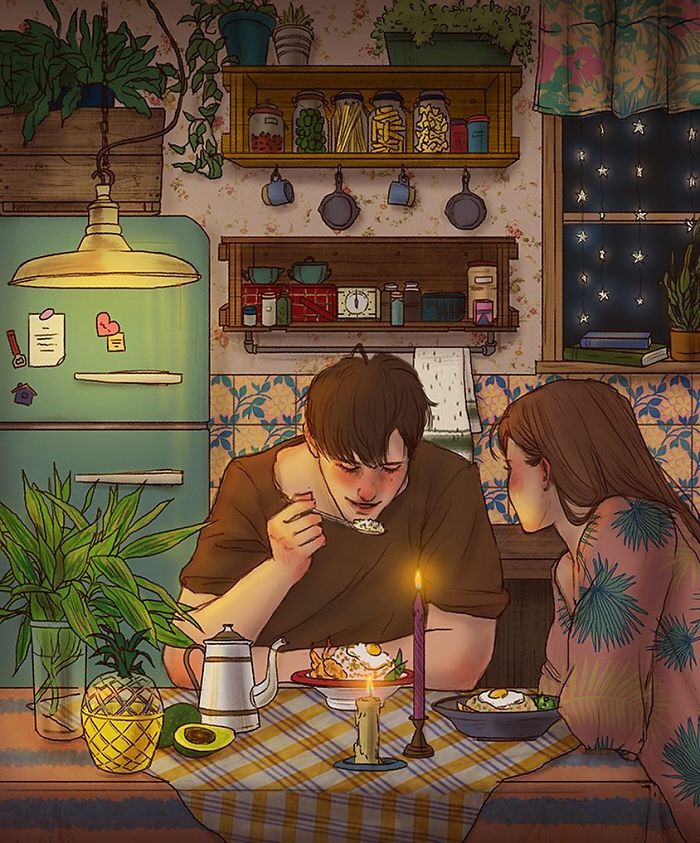 A ilustradora coreana de 27 anos fez uma série de imagens que mostra a beleza de se apaixonar