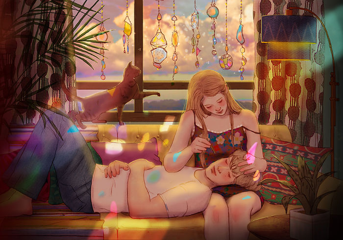 A ilustradora coreana de 27 anos fez uma série de imagens que mostra a beleza de se apaixonar