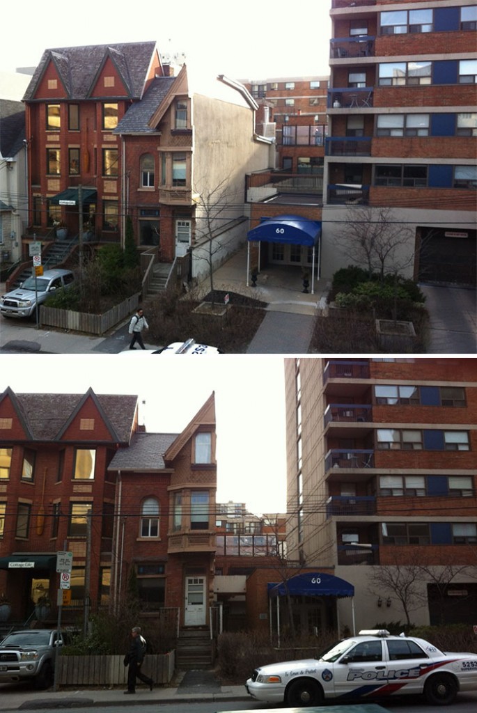   Um residente de um duplex em Toronto, no Canadá, recusou-se a vendê-lo, então eles cortaram o duplex pela metade