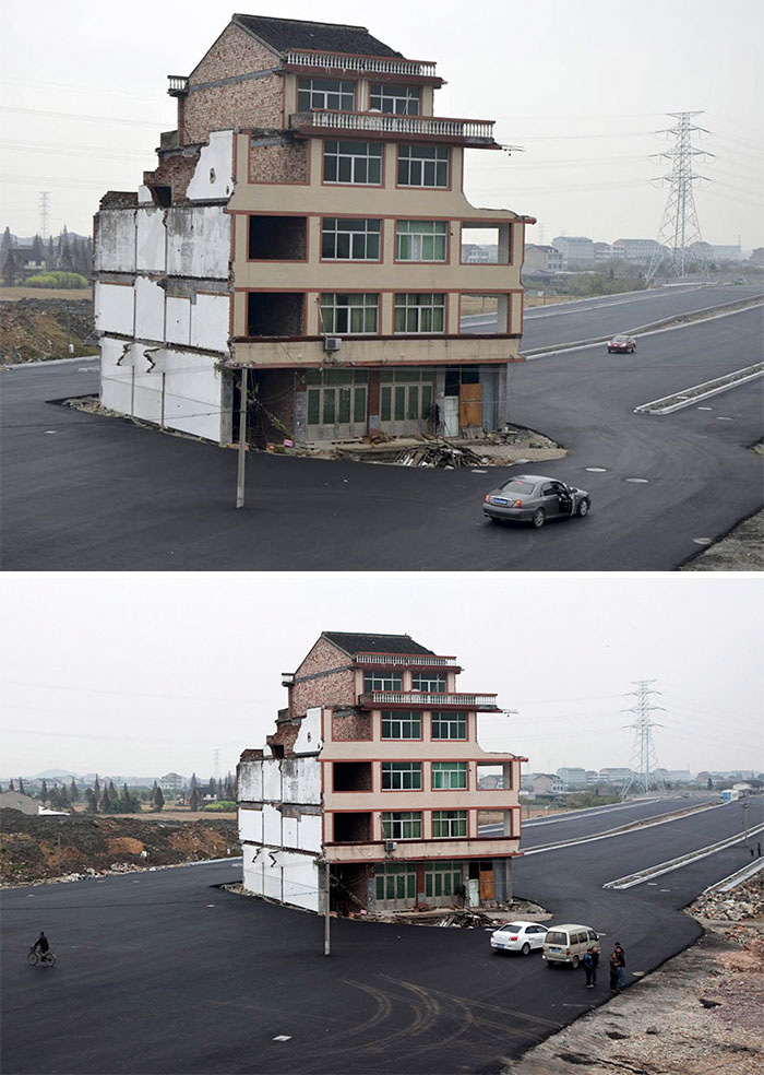 O governo da China pavimentou uma estrada em torno da casa desse proprietário obstinado. Os moradores finalmente se mudaram, mas a casa se tornou um símbolo de resistência