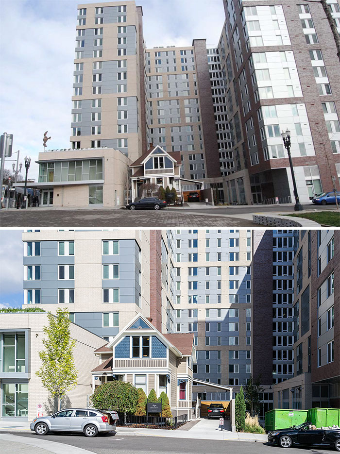  Randal Acker recusou-se a vender sua pequena casa no centro de Portland, então, foi construída uma enorme residência estudantil em torno dela