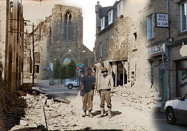 Montagem com foto de 1944 e 2013