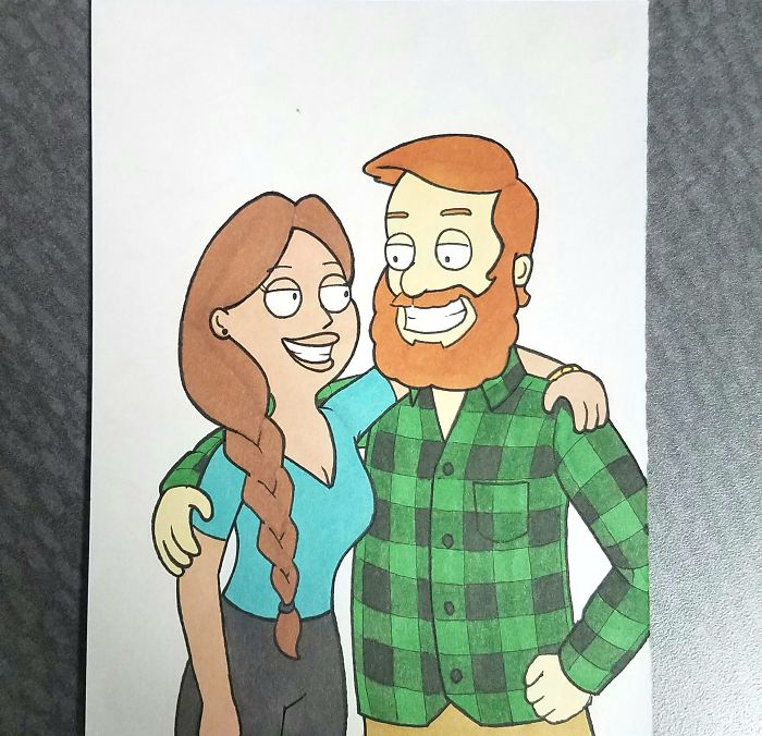 O desenhista Kells O'Hickey tranformou uma foto com a namorada em 10 desenhos animados diferentes.