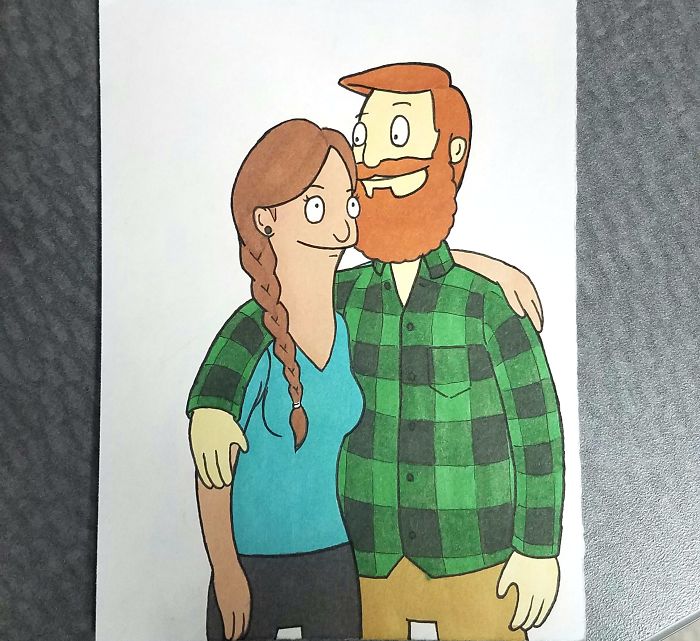 O desenhista Kells O'Hickey tranformou uma foto com a namorada em 10 desenhos animados diferentes.