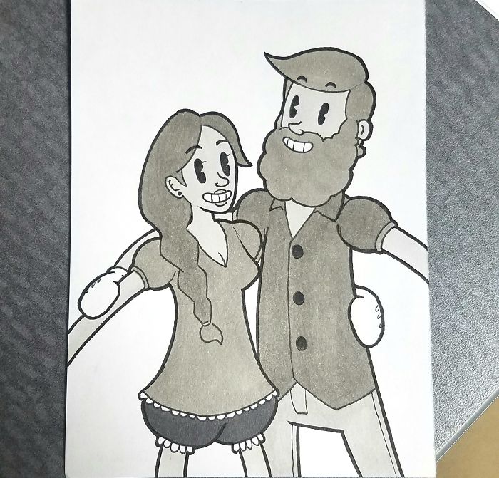 O desenhista Kells O'Hickey tranformou uma foto com a namorada em 10 desenhos animados diferentes.