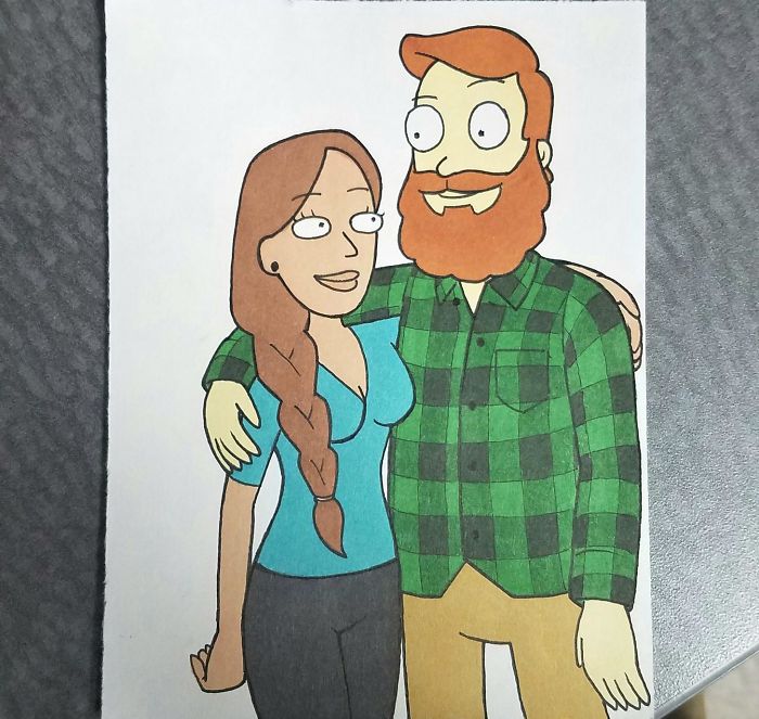 O desenhista Kells O'Hickey tranformou uma foto com a namorada em 10 desenhos animados diferentes.