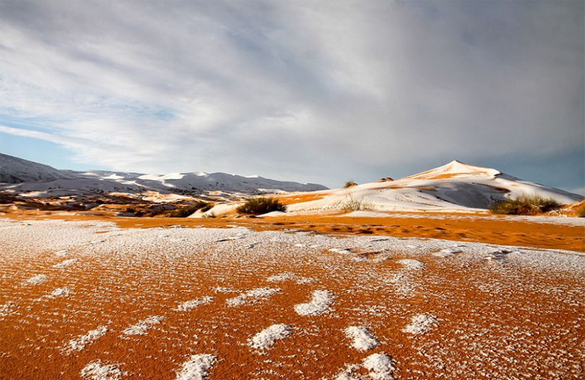 Nevou no deserto do Saara e as imagens foram registradas pelo fotógrafo Karim Bouchetata, da Argélia