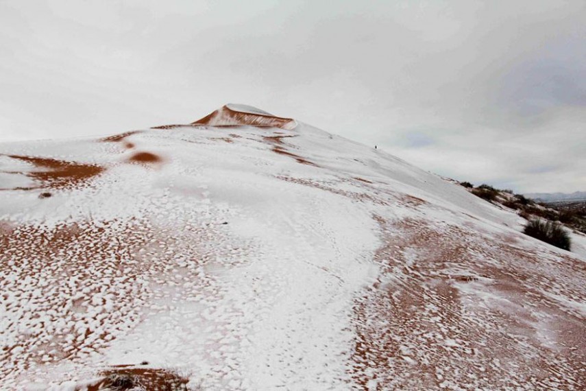 Nevou no deserto do Saara e as imagens foram registradas pelo fotógrafo Karim Bouchetata, da Argélia