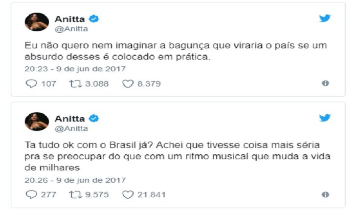 Aqui, Anitta está se posicionando contra o projeto de lei que queria criminalizar o funk