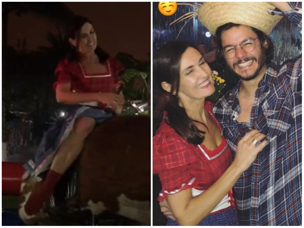 Ao lado de Túlio Gadêlha, Fátima Bernardes encara touro mecânico e se diverte em festa julina