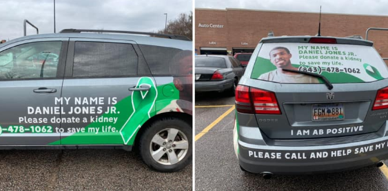 Mãe encontra doador de rim para o filho após colocar anúncio estampado no carro