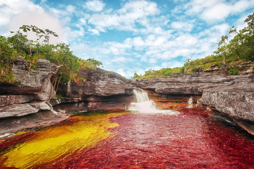 Entre Junho e Novembro, as águas de Caño Cristales, localizado na Colômbia, adquirem tons de vermelho, amarelo, verde, azul e preto
