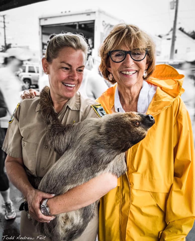 Teri Johnston, prefeita de Key West, conhecendo Mo, a preguiça