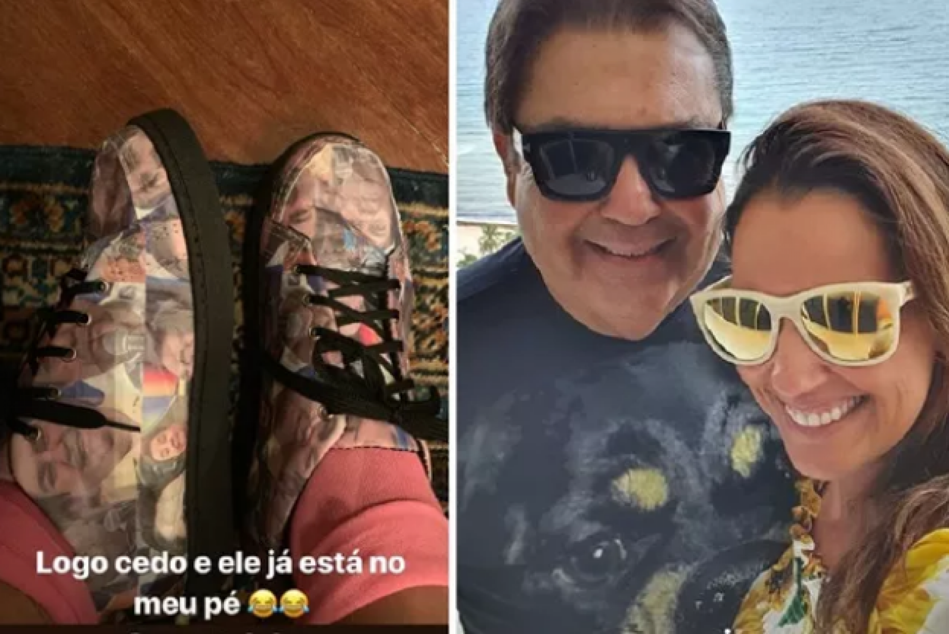 Mulher de Faustão usa tênis personalizado com fotos do marido