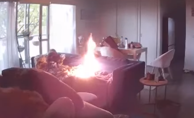 Filhote de 10 meses colocou fogo no sofá enquanto brincava com o acendedor de fogão. Ele estava sozinho em casa no momento do acidente, mas conseguiu escapar ileso