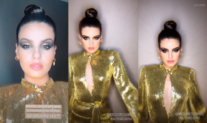 Produzida, Camila Queiroz chama a atenção com vestido dourado decotadíssimo