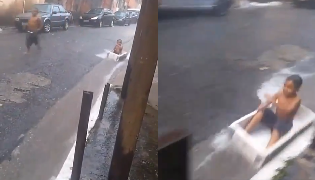 Menino "pega carona" em água da chuva e diverte Padre Fábio de Melo: "Raiz"