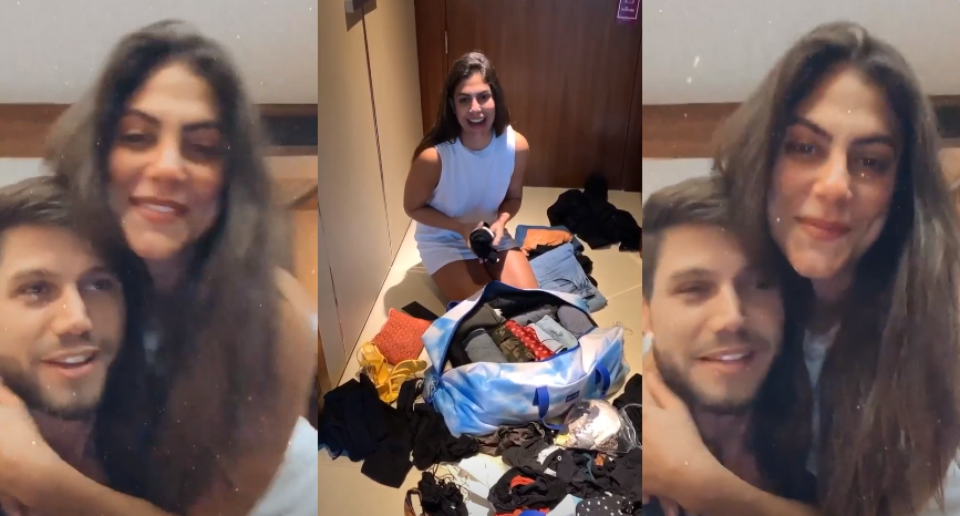 Após matar a saudade, Jonas brinca com Mari arrumando mala: "Tá no paredão?"