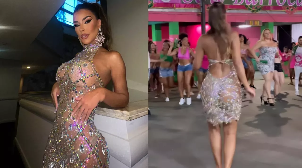 Ex-BBB Ivy Moraes cai no samba com look brilhante e cheio de transparências