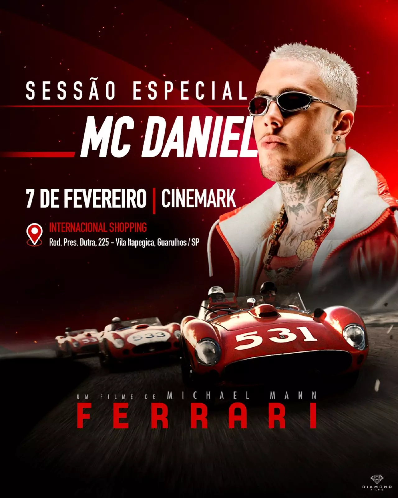 Cinemark e Diamond Films promovem sessão especial de 'Ferrari' com MC Daniel